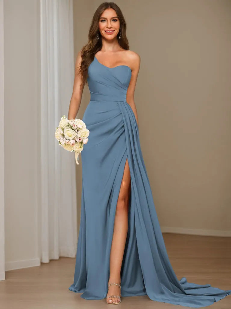 Romantic Mermaid Sweetheart Neck One Shoulder Open Back Train Length Bridesmaid Dresses