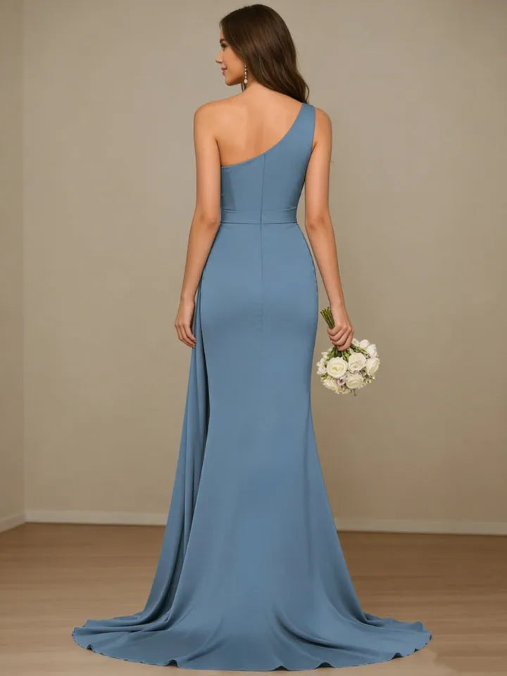 Romantic Mermaid Sweetheart Neck One Shoulder Open Back Train Length Bridesmaid Dresses