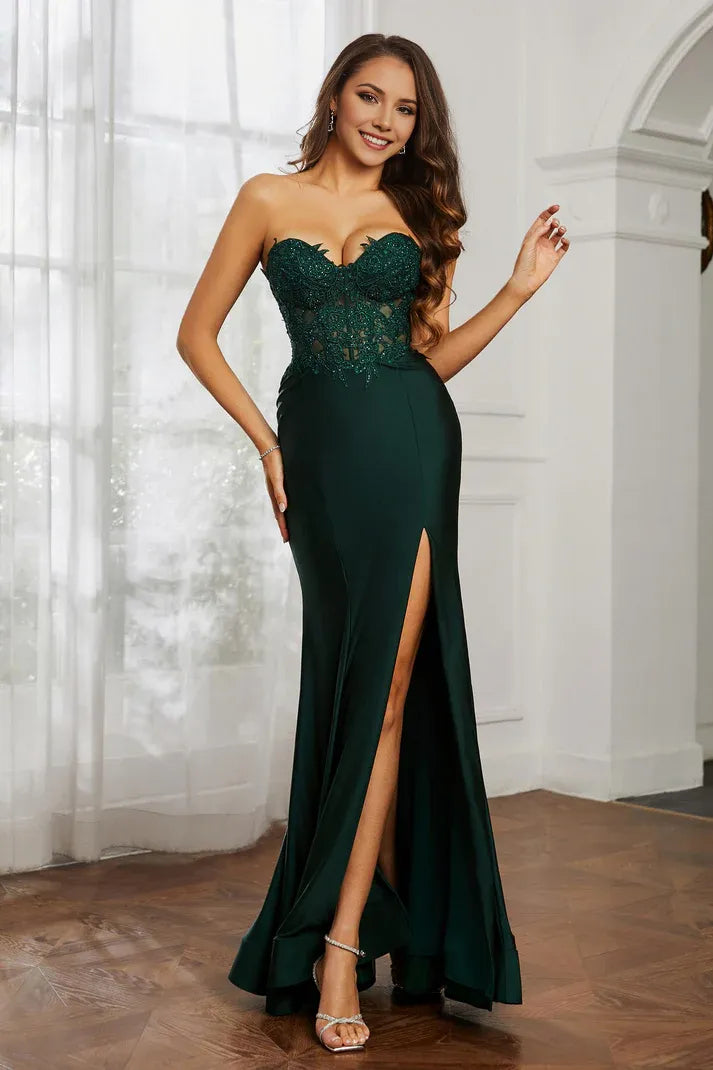 Romantic Mermaid Sweetheart Neck Strapless Back Zip Beaded Lace Slit Floor-Length Prom Dresses ﻿