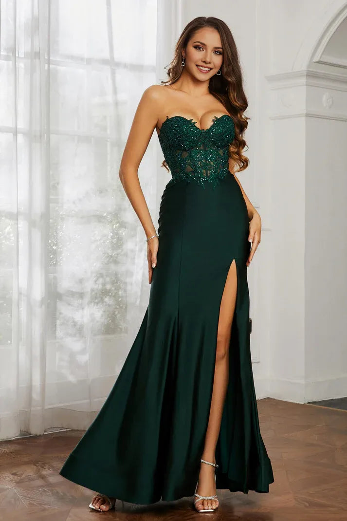 Romantic Mermaid Sweetheart Neck Strapless Back Zip Beaded Lace Slit Floor-Length Prom Dresses ﻿