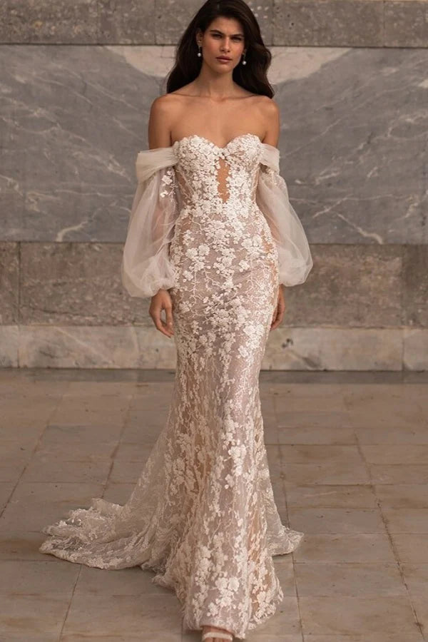 Romantic Mermaid Sweetheart Off-The-Shoulder Lace Back Train Wedding Dresses