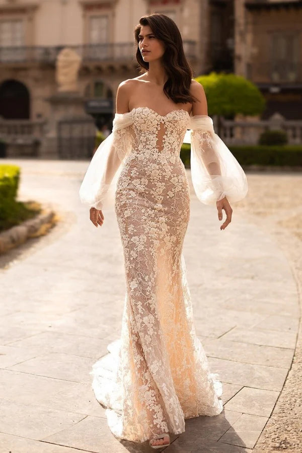 Romantic Mermaid Sweetheart Off-The-Shoulder Lace Back Train Wedding Dresses