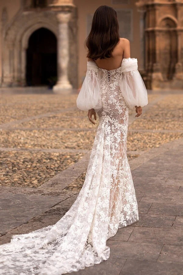 Romantic Mermaid Sweetheart Off-The-Shoulder Lace Back Train Wedding Dresses