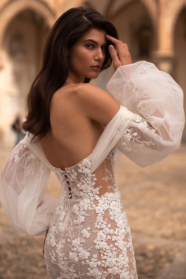 Romantic Mermaid Sweetheart Off-The-Shoulder Lace Back Train Wedding Dresses