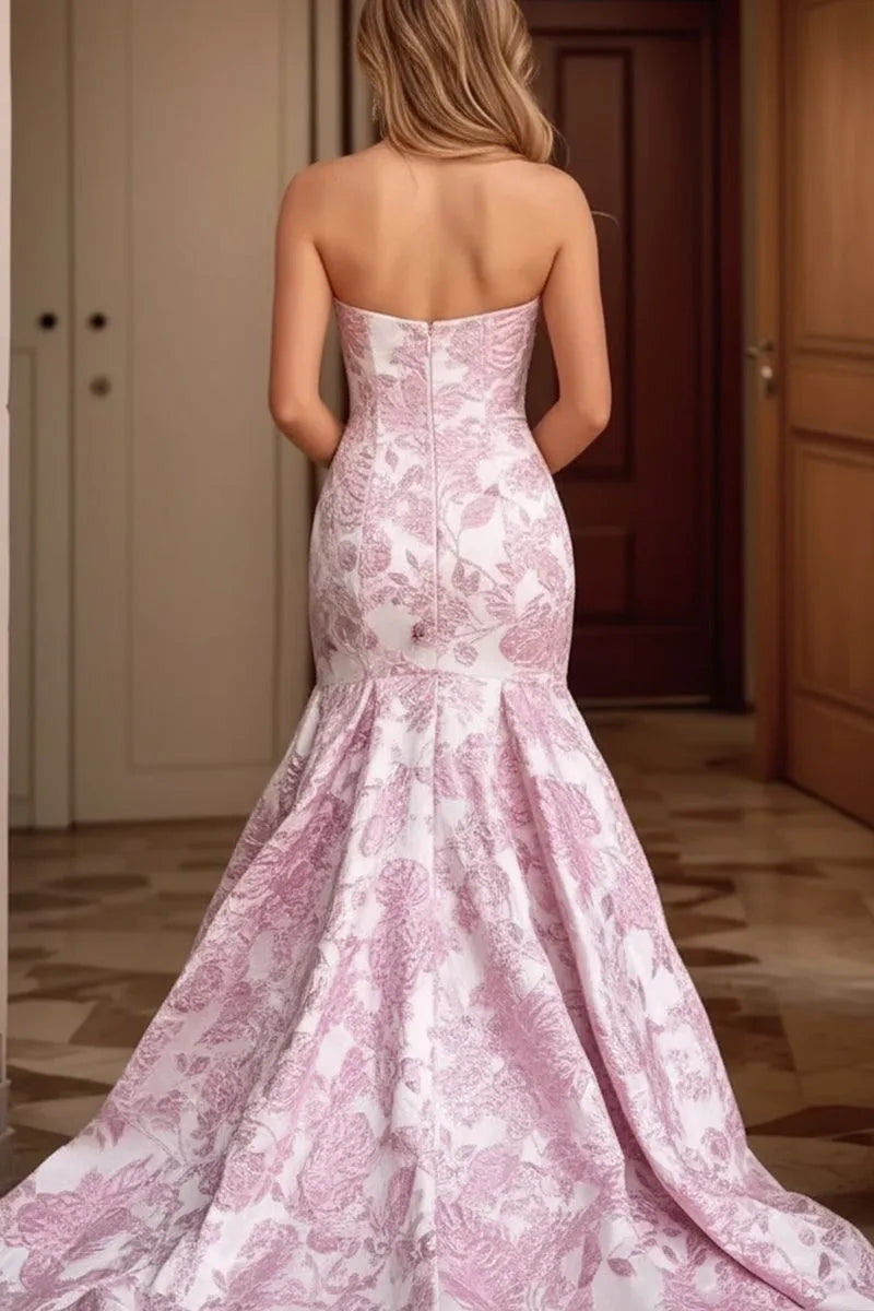 Romantic Mermaid Sweetheart Strapless Floral-Jacquard Open-Back Floor-Length Prom Dress