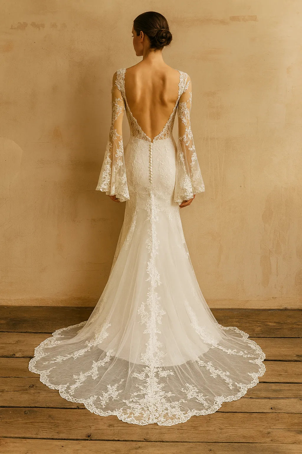 Romantic Mermaid V-Neck Bell-Sleeved Open-Back Floor-Length Wedding Dresses