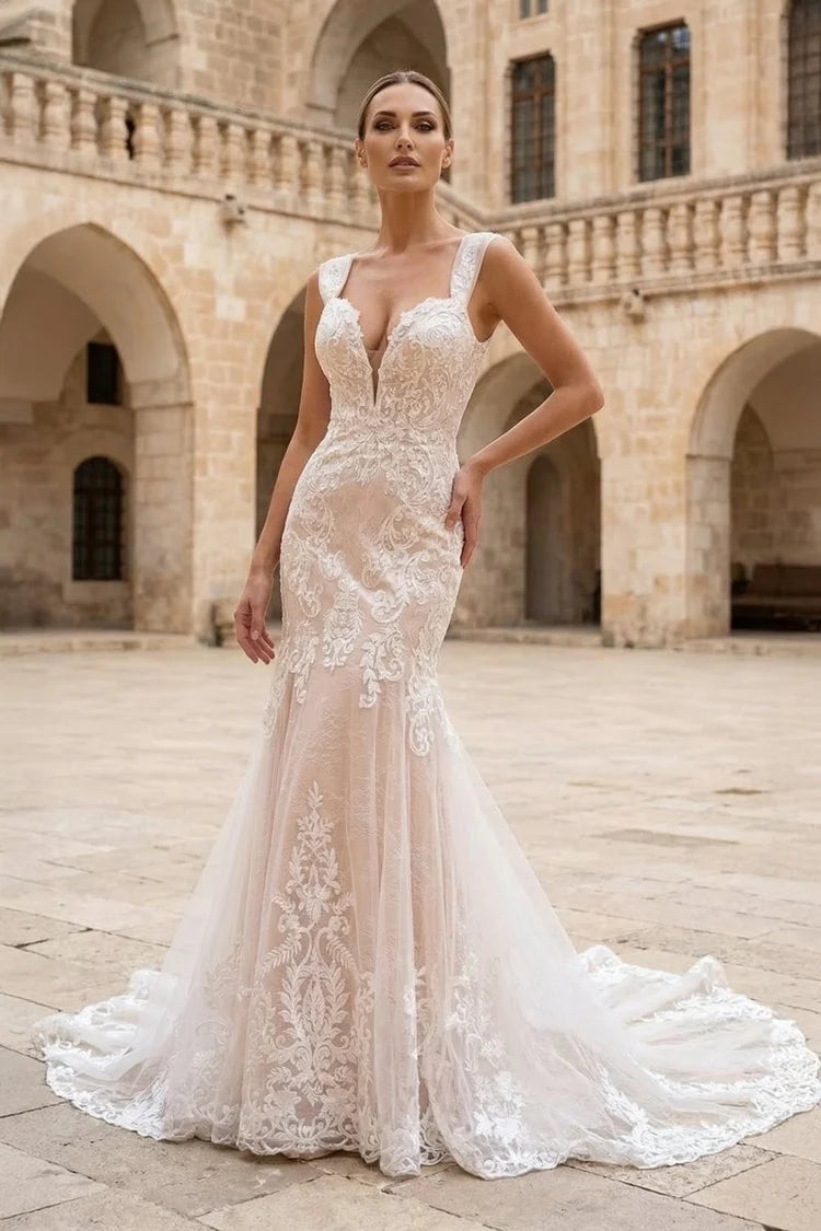 Romantic Mermaid V-Neck Sleeveless Lace-Back Cathedral-Train Wedding Dresses