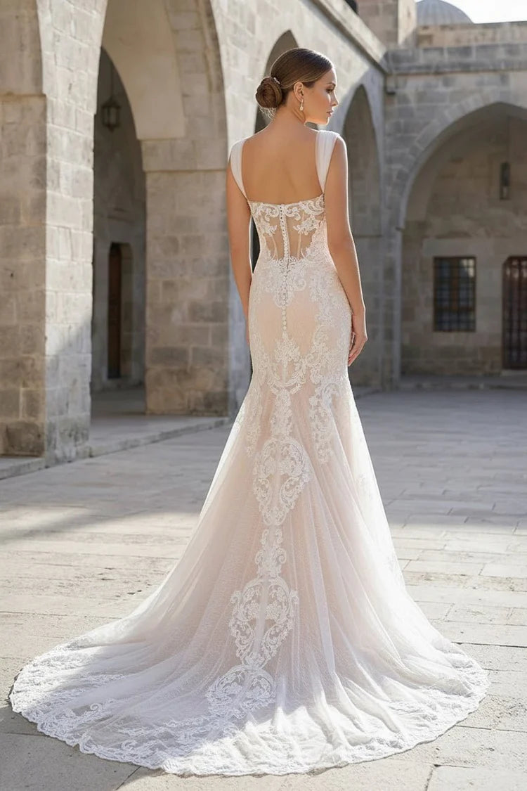 Romantic Mermaid V-Neck Sleeveless Lace-Back Cathedral-Train Wedding Dresses