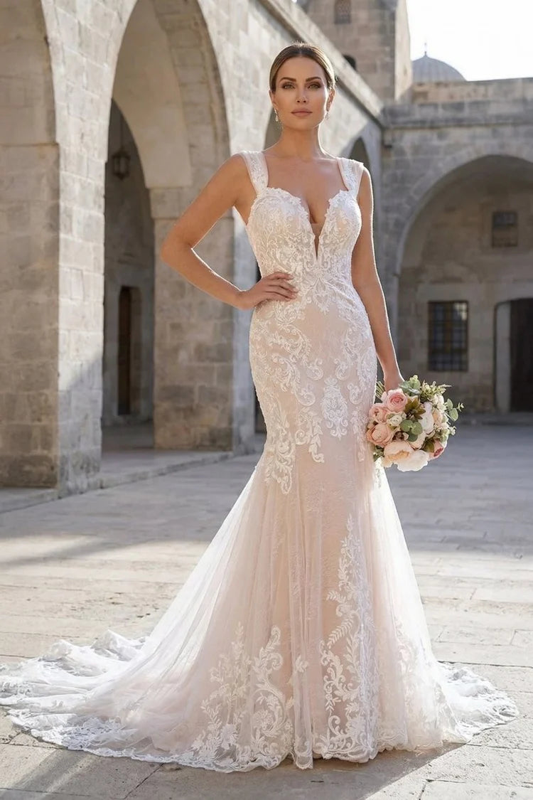 Romantic Mermaid V-Neck Sleeveless Lace-Back Cathedral-Train Wedding Dresses