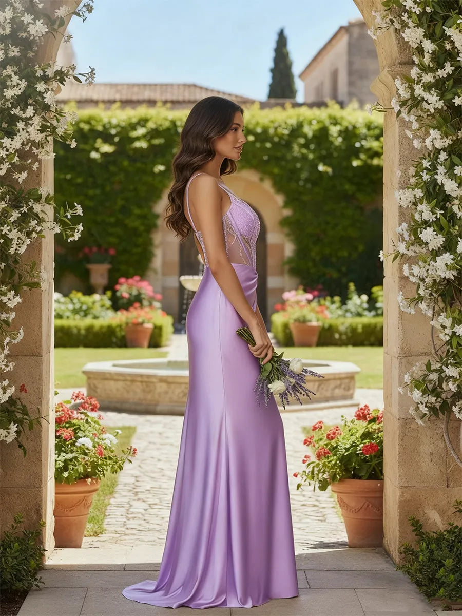 Romantic Mermaid V-Neck Spaghetti Strap Beaded Back Floor-Length Prom Dresses