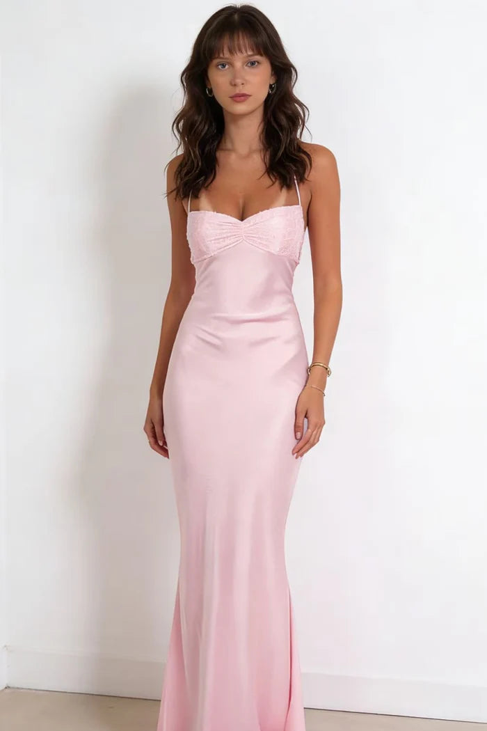 Romantic Mermaid V-Neck Spaghetti Strap Lace-Up Back Floor-Length Prom Dresses