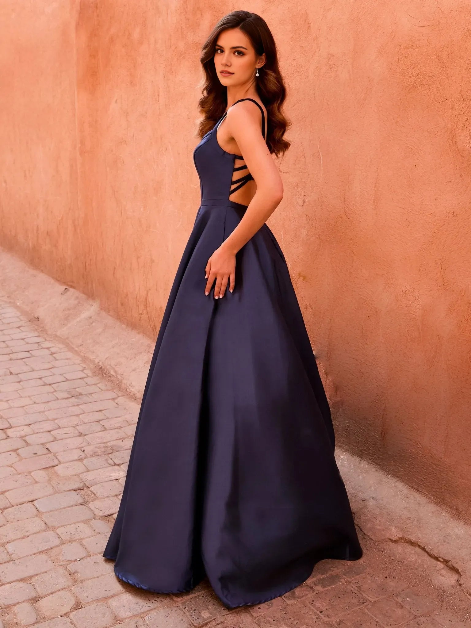Romantic Navy A-Line Square Neck Sleeveless Strappy Back Satin Floor-Length Prom Dresses Hot Sale