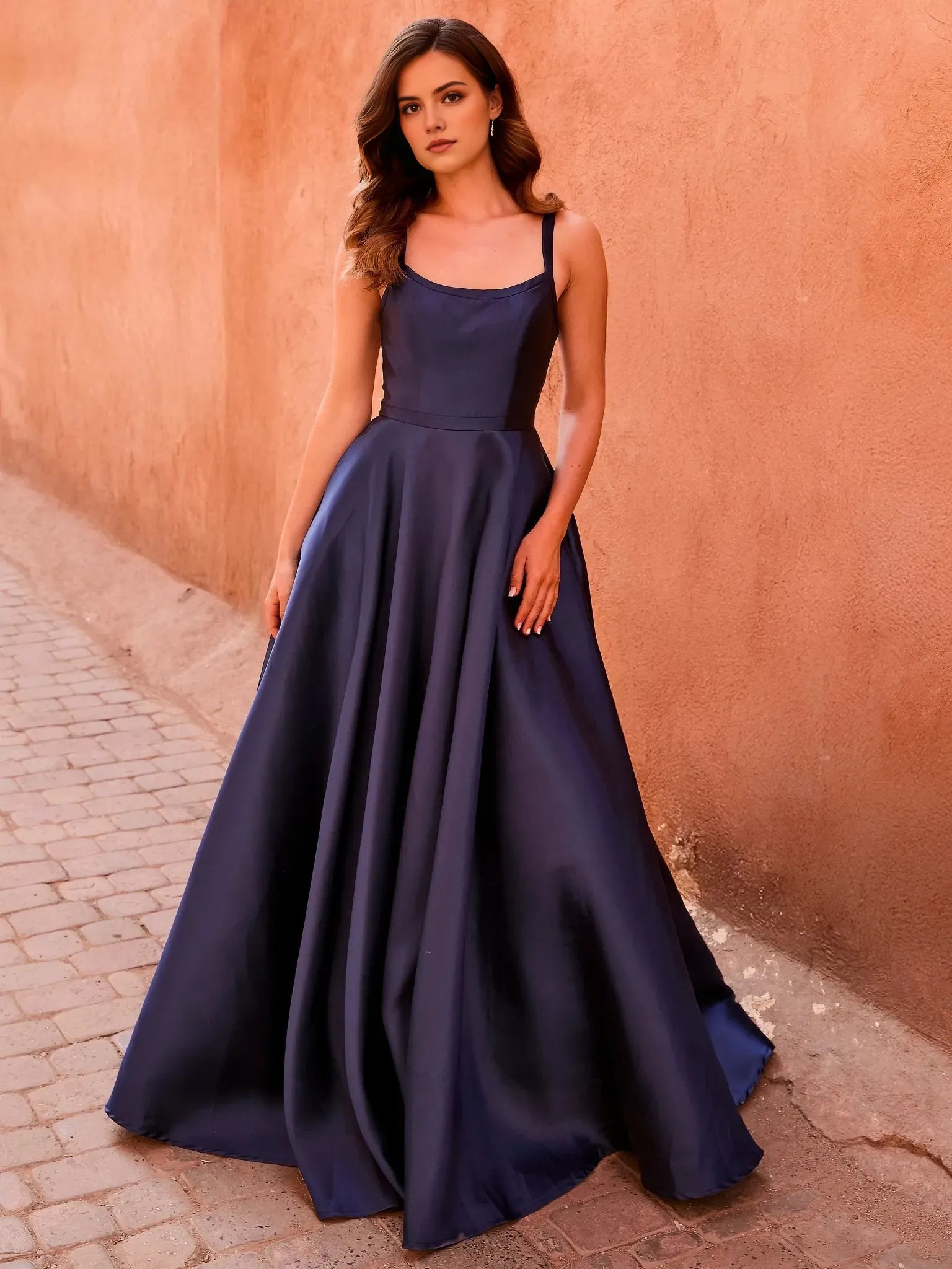 Romantic Navy A-Line Square Neck Sleeveless Strappy Back Satin Floor-Length Prom Dresses Hot Sale