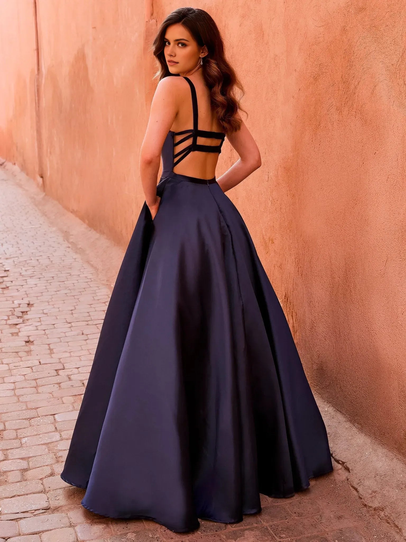 Romantic Navy A-Line Square Neck Sleeveless Strappy Back Satin Floor-Length Prom Dresses Hot Sale