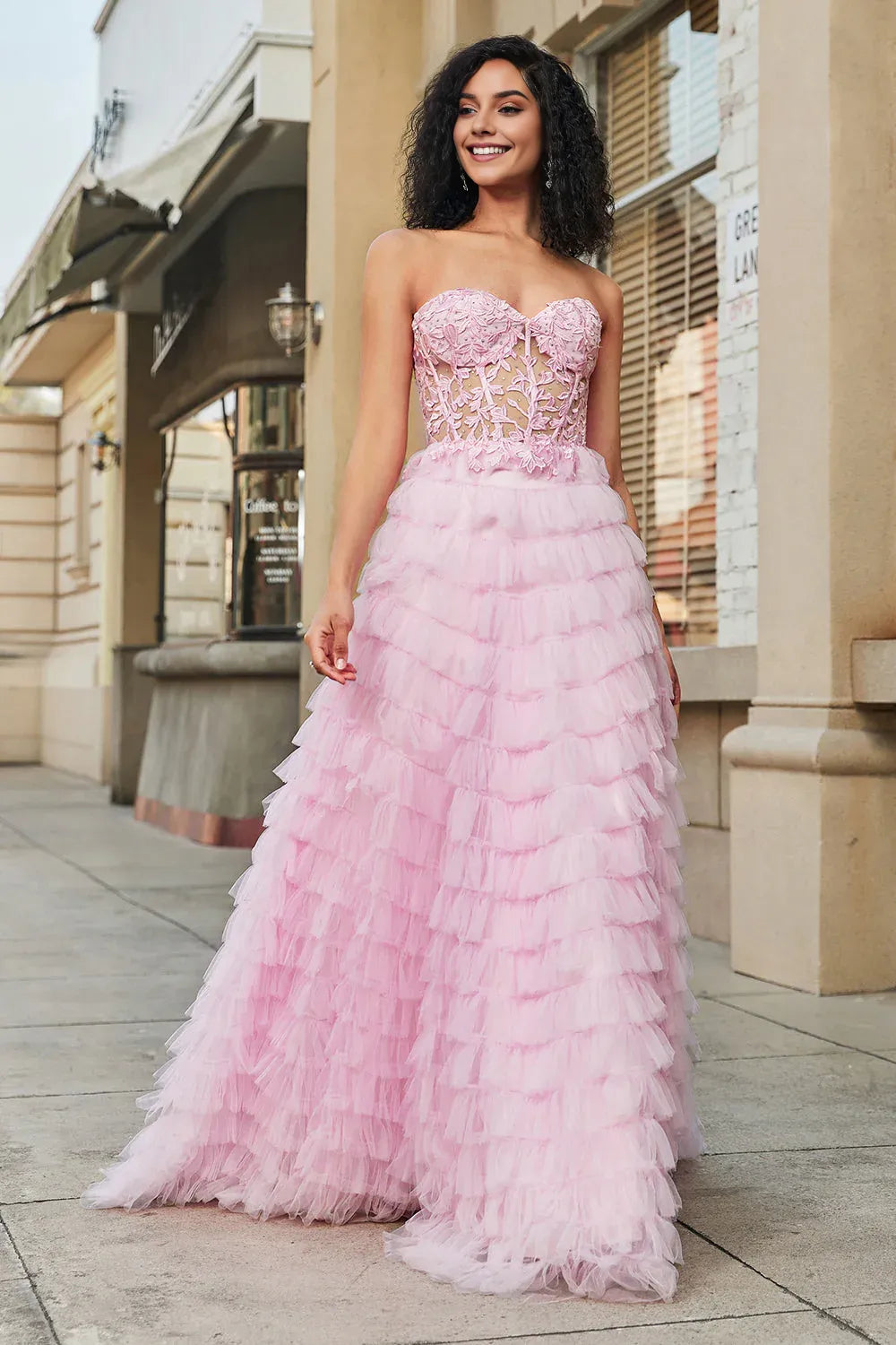 Romantic Pink A-Line Strapless Sleeveless Tiered Lace-Up Floor-Length Corset Prom Dress for female guests hot sale