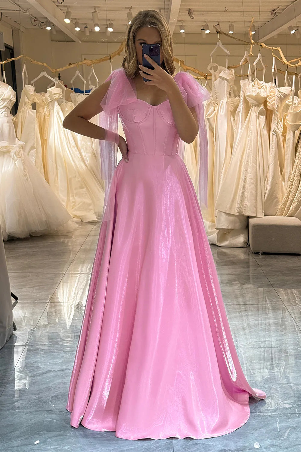 Romantic Pink A-Line Sweetheart Spaghetti Strap Back Zip Floor- Length Tulle Glitter Satin Prom Dress