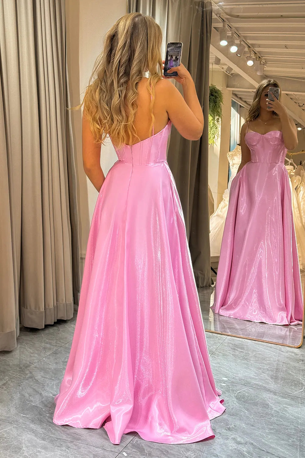 Romantic Pink A-Line Sweetheart Spaghetti Strap Back Zip Floor- Length Tulle Glitter Satin Prom Dress