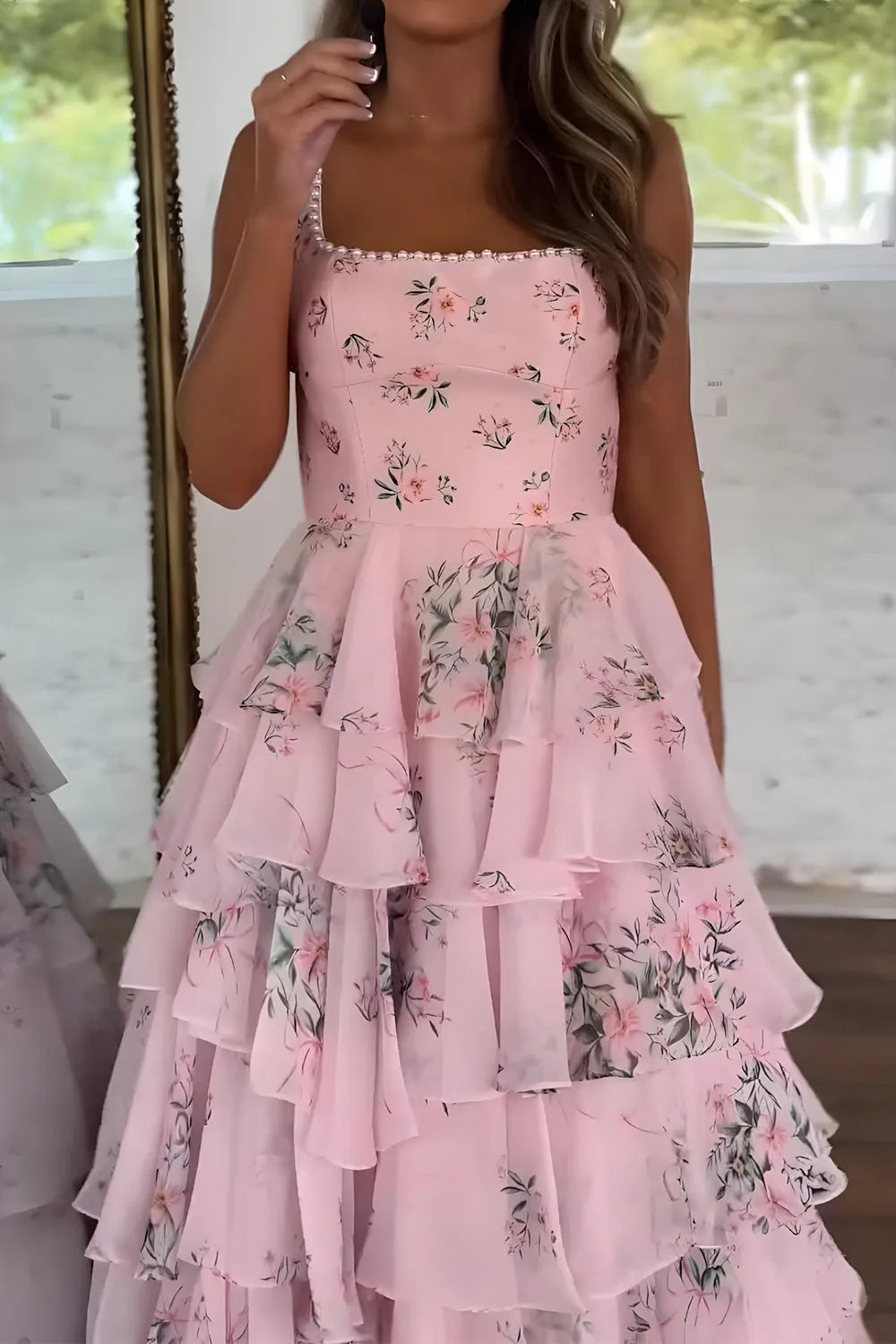 Romantic Pink A Line Square Neck Sleeveless Floral Tiered Open Back Floor -Length Prom Dress with Slit ﻿