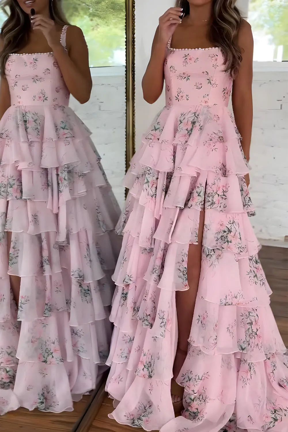 Romantic Pink A Line Square Neck Sleeveless Floral Tiered Open Back Floor -Length Prom Dress with Slit ﻿