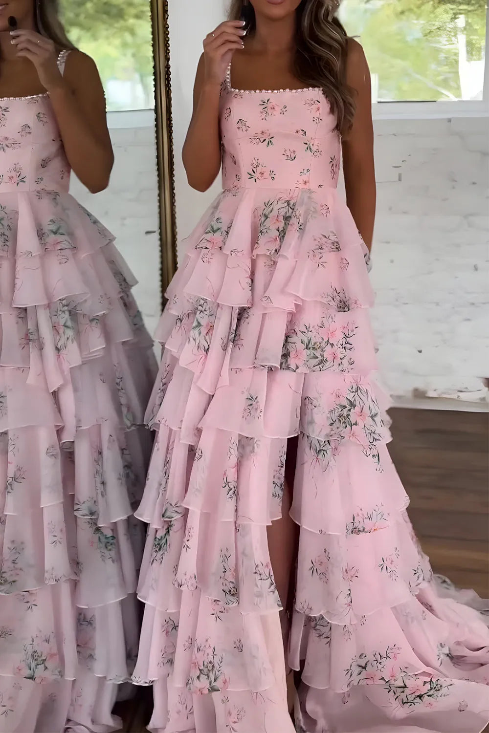 Romantic Pink A Line Square Neck Sleeveless Floral Tiered Open Back Floor -Length Prom Dress with Slit ﻿