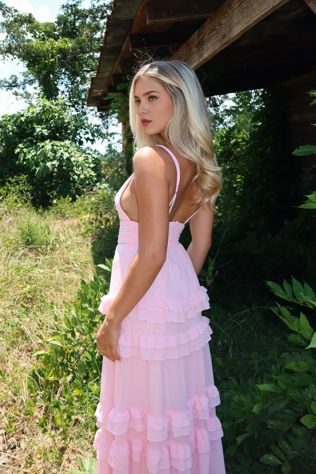 Romantic Pink Chiffon A -Line Deep V -Neck Spaghetti Strap Ruffle Hem Open Back Back Zip Floor - Length Prom Dresses