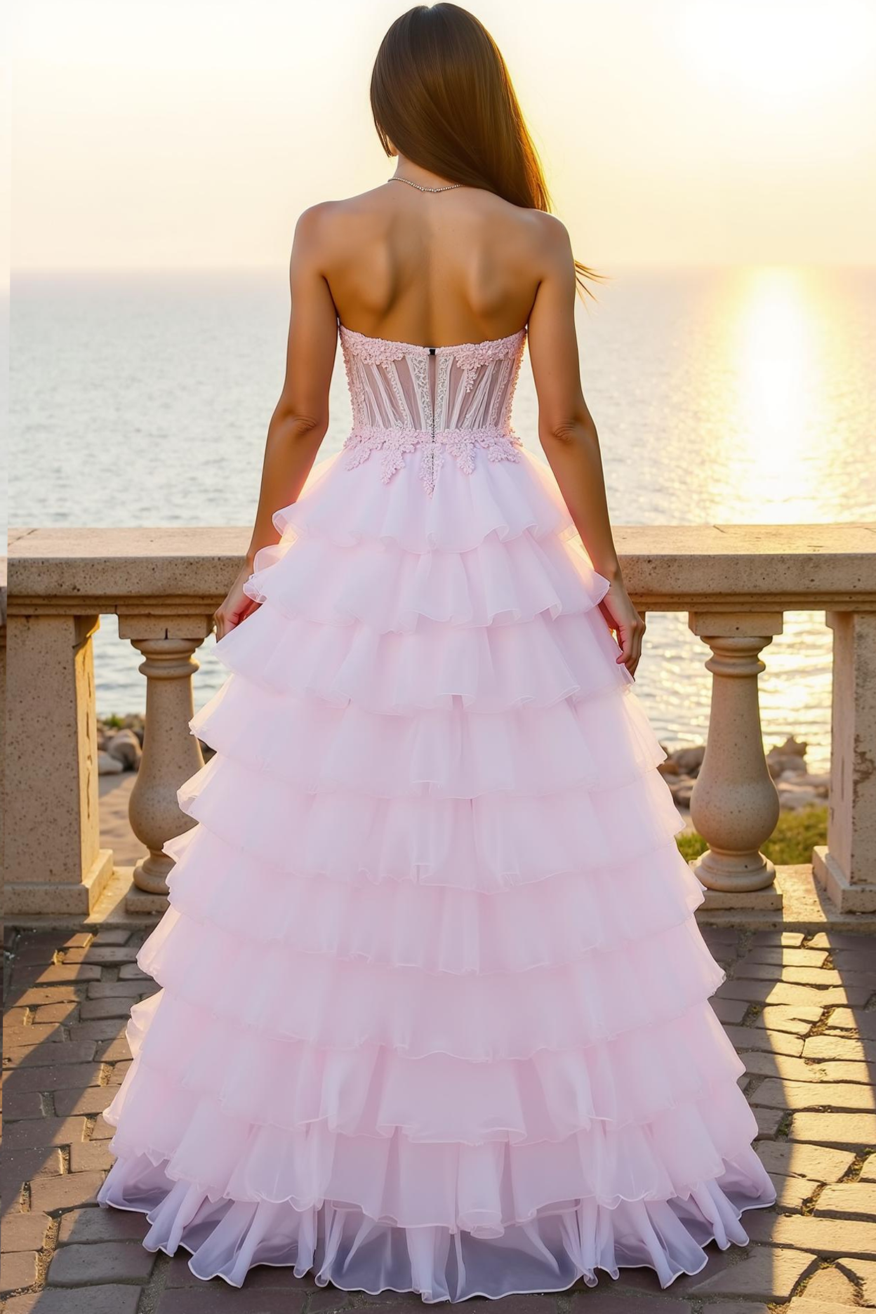 Romantic Pink Corset Strapless Tiered Back Zip Floor-Length Long Prom Dress with Appliques
