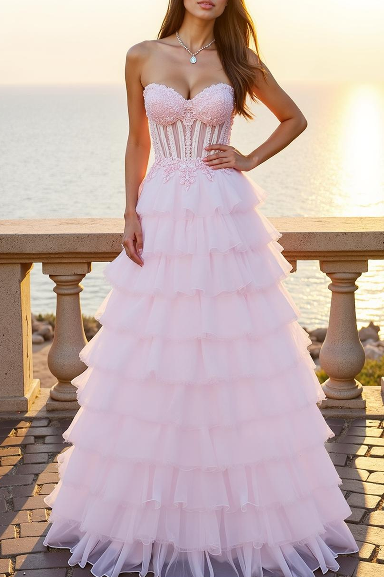 Romantic Pink Corset Strapless Tiered Back Zip Floor-Length Long Prom Dress with Appliques