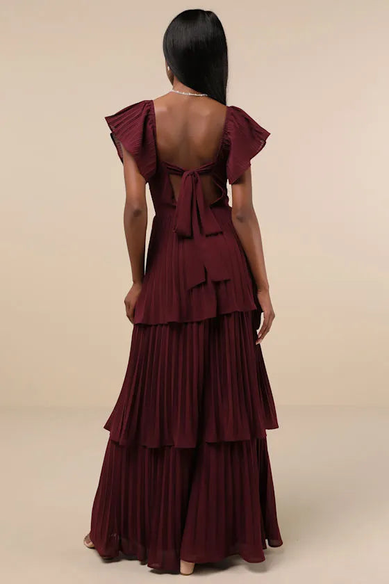 Romantic Plum Purple A-Line Square-Neck Flutter Sleeve Bow Back Floor-Length Chiffon Prom Dresses with Pleated