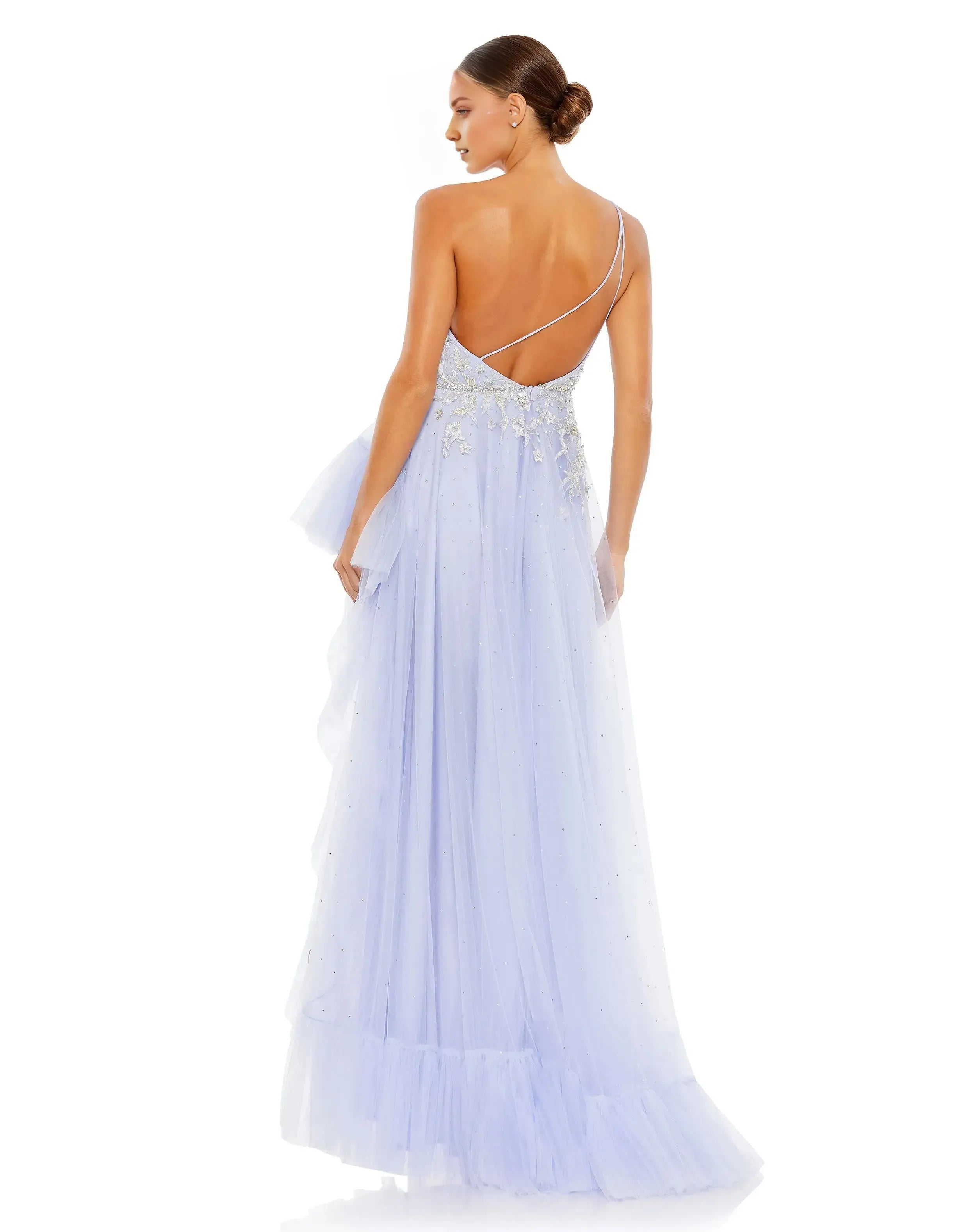 Romantic Purple A-Line One-Shoulder Sleeveless Asymmetrical Hem Ruffled Open Back High-Low Prom Dress