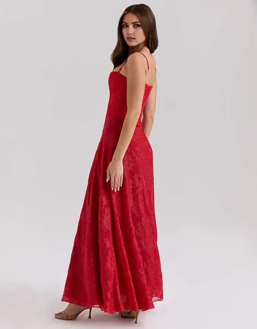 Romantic Red A-Line Sweetheart Neck Sleeveless Lace-Embellished Back Zip Ankle-Length Prom Dresses