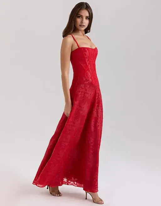Romantic Red A-Line Sweetheart Neck Sleeveless Lace-Embellished Back Zip Ankle-Length Prom Dresses