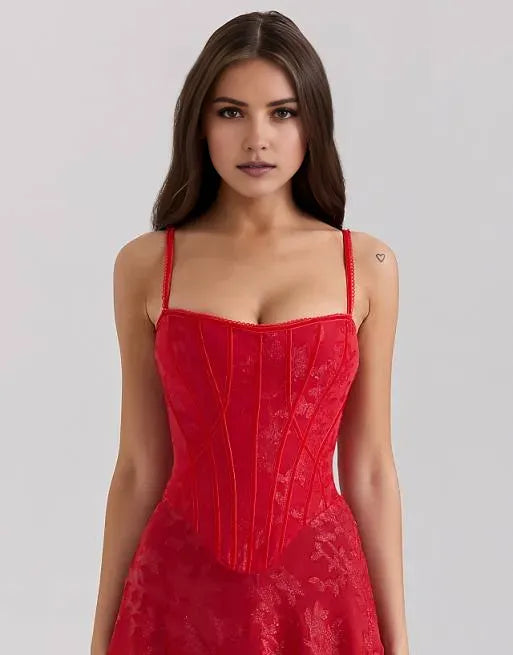 Romantic Red A-Line Sweetheart Neck Sleeveless Lace-Embellished Back Zip Ankle-Length Prom Dresses