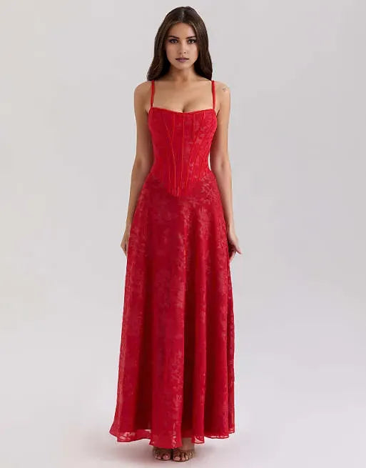 Romantic Red A-Line Sweetheart Neck Sleeveless Lace-Embellished Back Zip Ankle-Length Prom Dresses