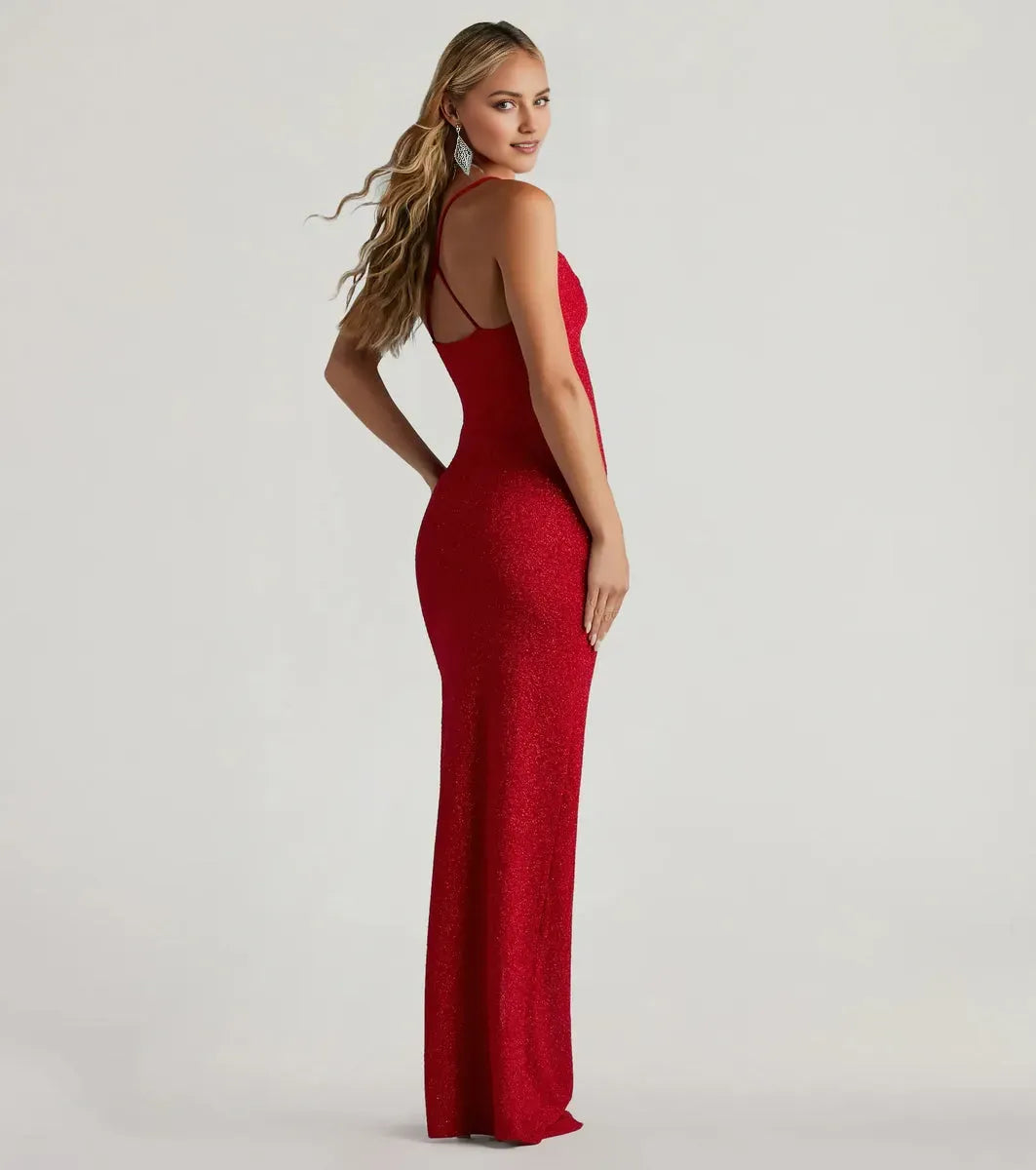 Romantic Red Mermaid Cowl Neck Sleeveless Glitter Crisscross Back High-Slit Floor-Length Prom Dresses Hot Sale