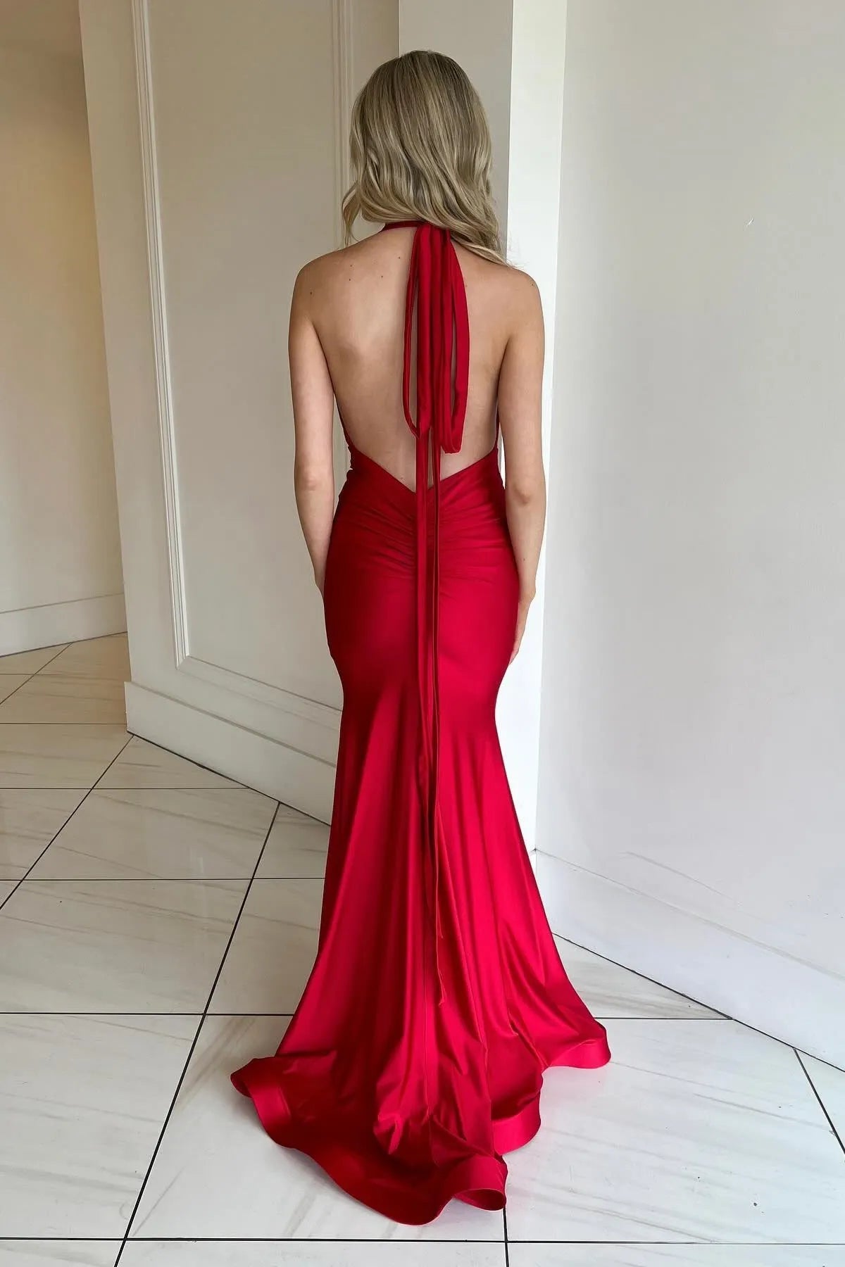 Romantic Red Mermaid Satin Sweetheart Neck Spaghetti Strap Open Back Lace Up Floor -Length Prom Dress