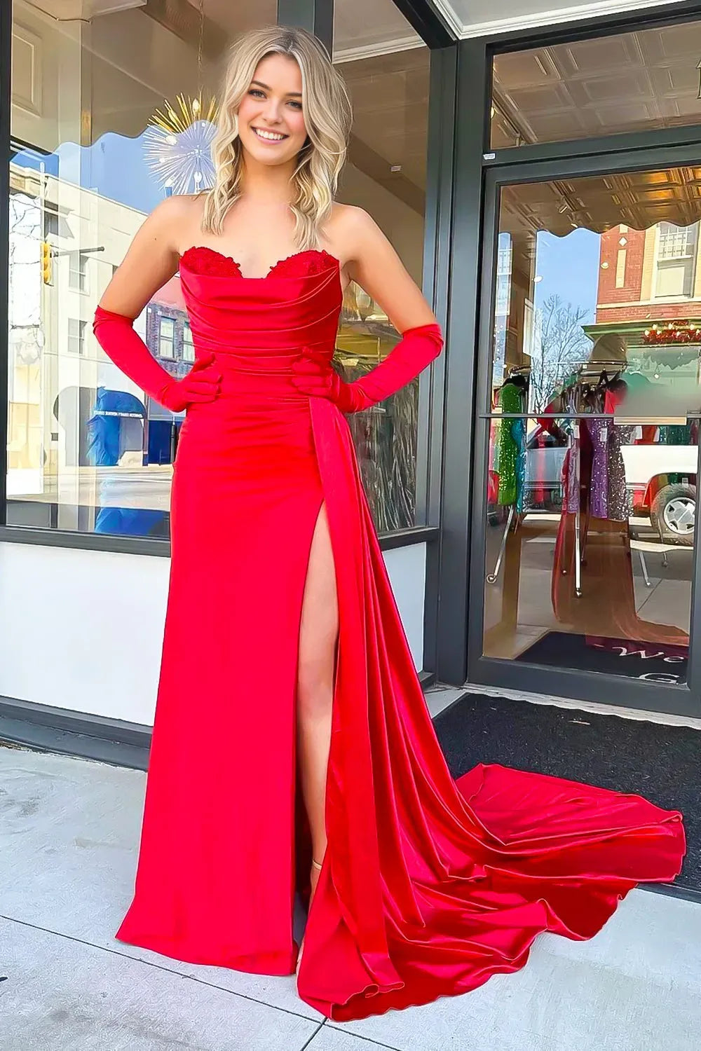 Romantic Red Mermaid Sweetheart Neck Sleeveless Lace Ruffles Back Zip Sweep/Brush Train Prom Dress With Slit