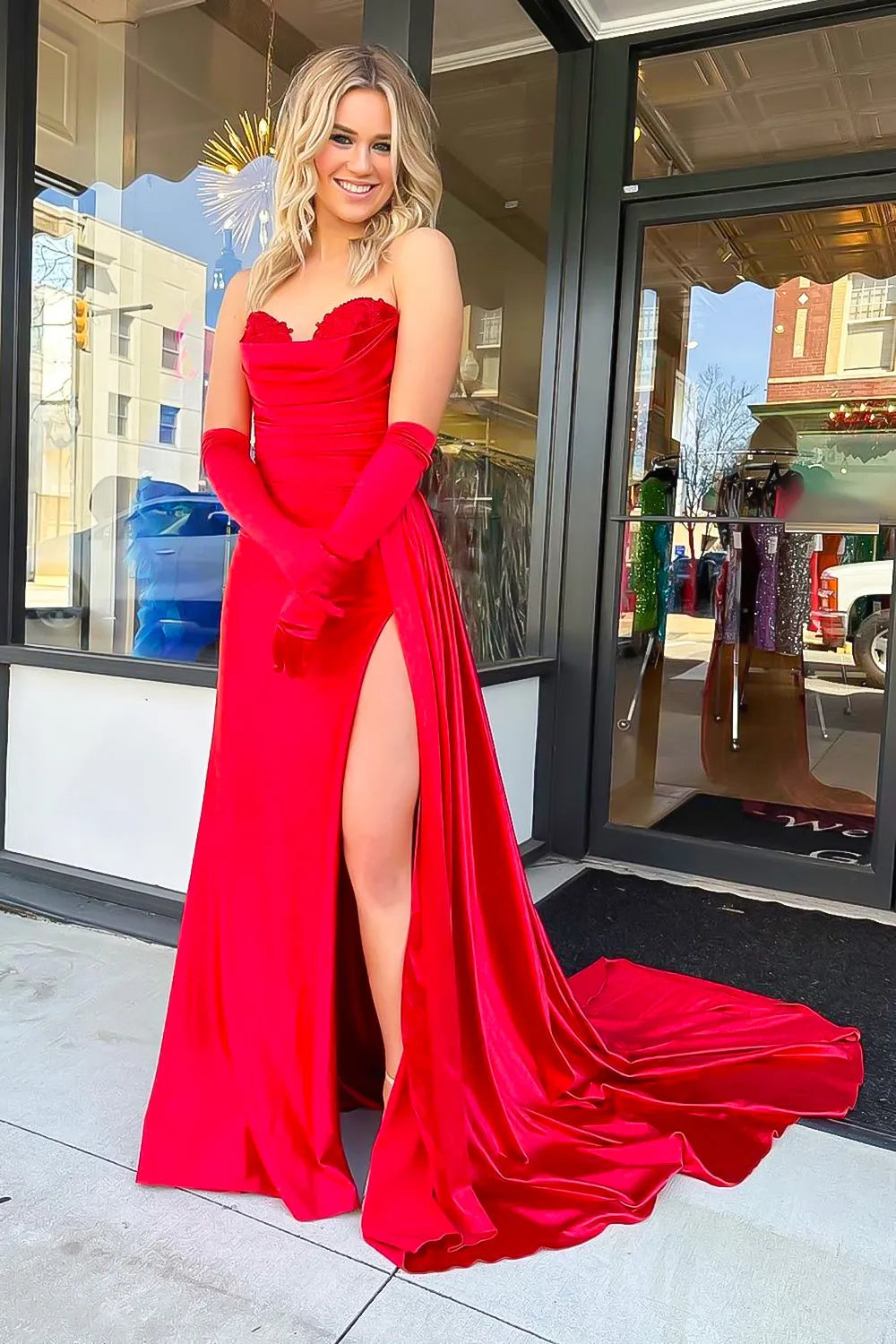 Romantic Red Mermaid Sweetheart Neck Sleeveless Lace Ruffles Back Zip Sweep/Brush Train Prom Dress With Slit