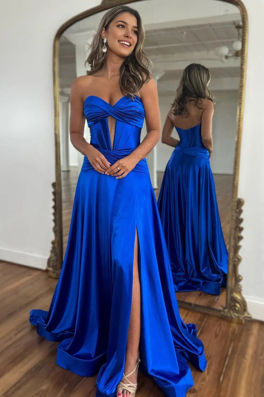 Romantic Royal Blue A-Line Strapless Sleeveless Draped Sweep-Brush Train Back Zip Prom Dress With Slit