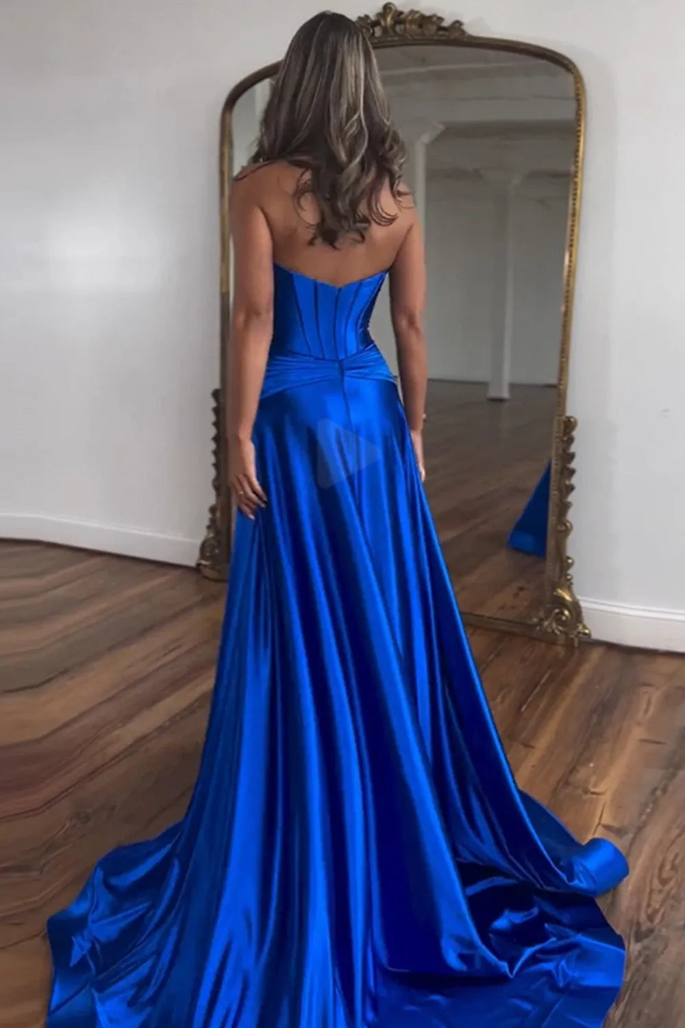 Romantic Royal Blue A-Line Strapless Sleeveless Draped Sweep-Brush Train Back Zip Prom Dress With Slit