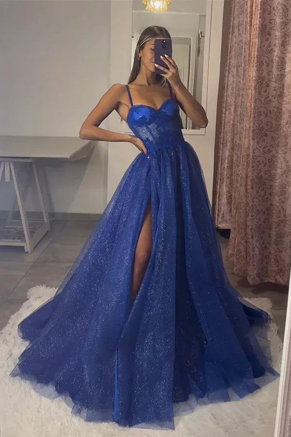 Romantic Royal Blue A-Line Sweetheart Neck Spaghetti Strap Lace Up Lace Glitter Tulle Slit Floor-Length Prom Dress