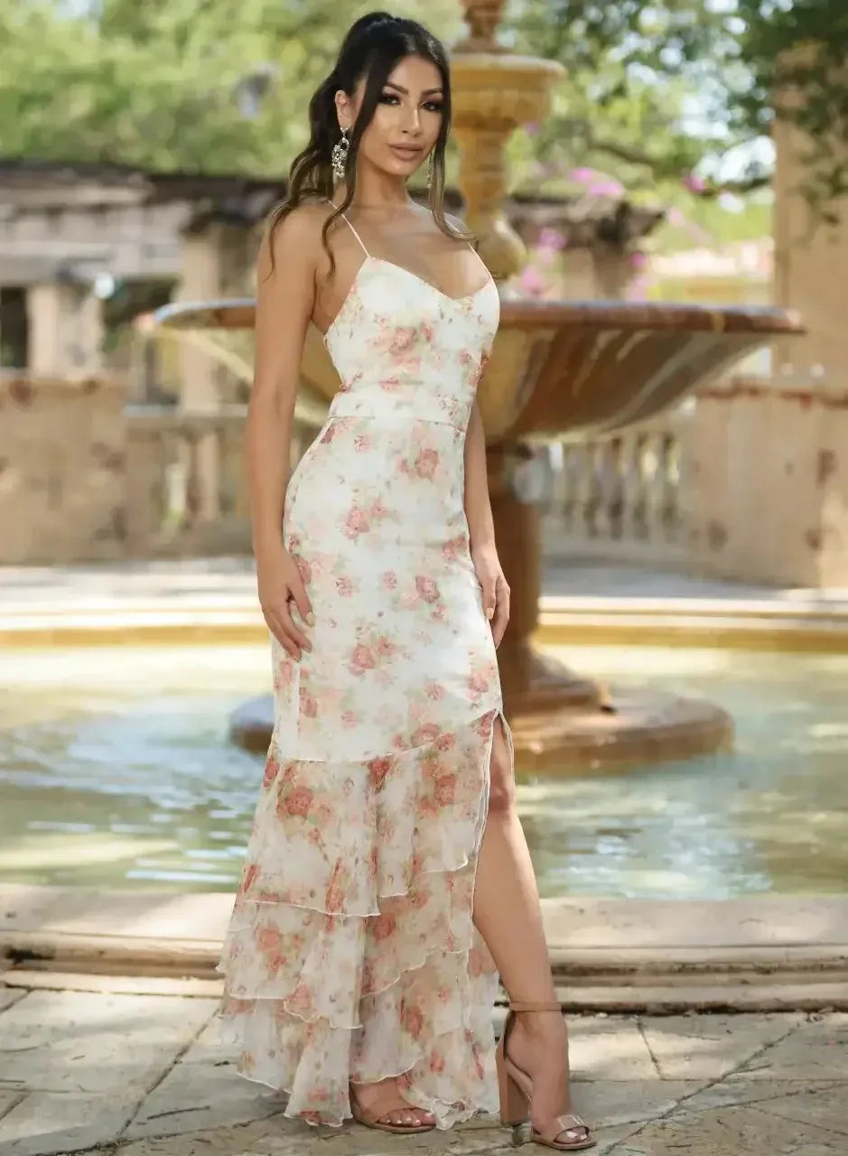 Romantic Sheath Deep V Neck Spaghetti Strap Lace-Up Back Ruffled Floor-Length Formal Prom Dresses