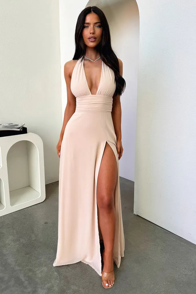 Romantic Sheath Halter-Neck Sleeveless Tie-Back Floor-Length Formal Prom Dresses
