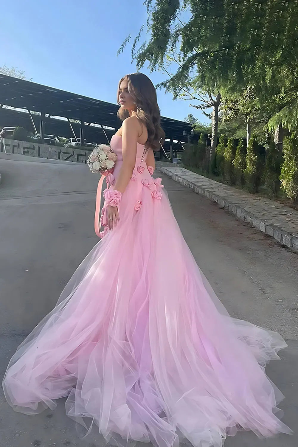 Romantic Sheath Pink Strapless Sleeveless Tulle 3D Flower Lace Up Back Floor -Length Prom Dress with Slit