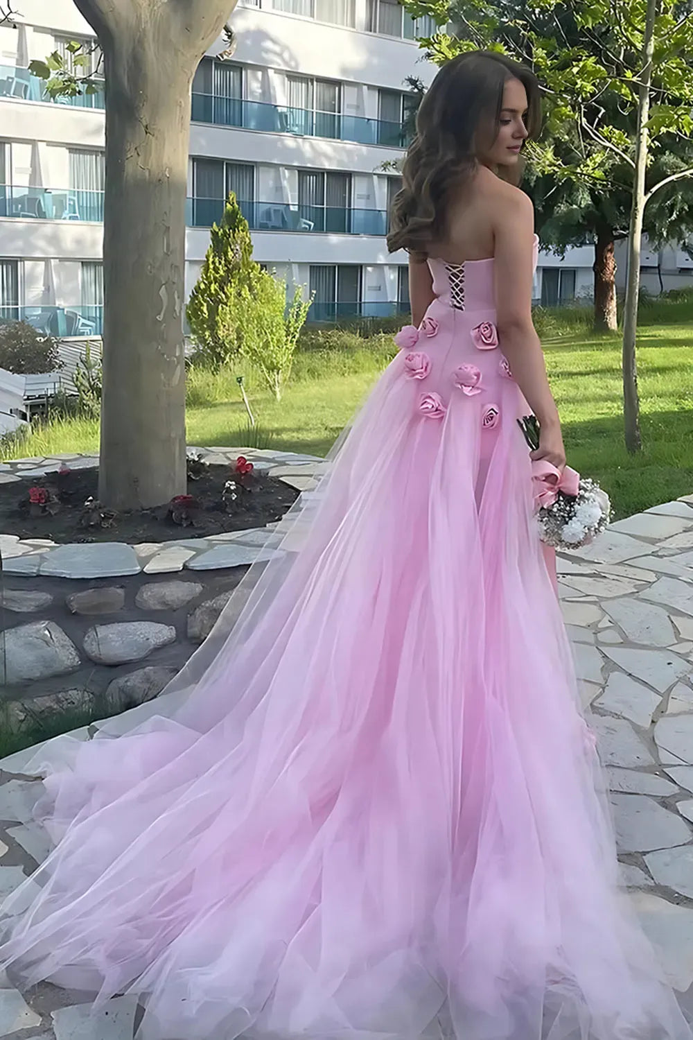 Romantic Sheath Pink Strapless Sleeveless Tulle 3D Flower Lace Up Back Floor -Length Prom Dress with Slit
