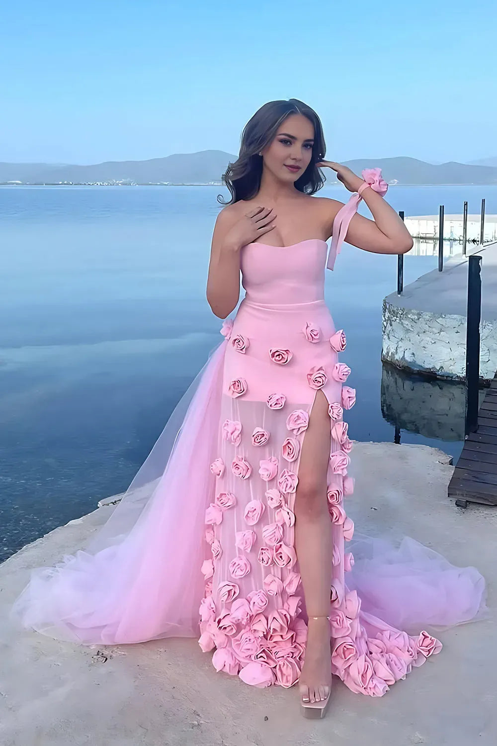 Romantic Sheath Pink Strapless Sleeveless Tulle 3D Flower Lace Up Back Floor -Length Prom Dress with Slit