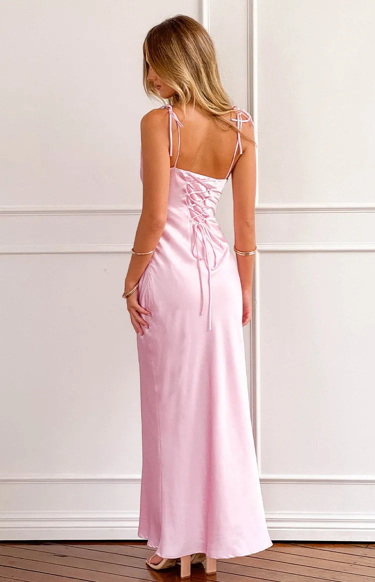 Romantic Sheath Square Neck Spaghetti Strap Lace-Up Back Floor Length Formal Prom Dresses