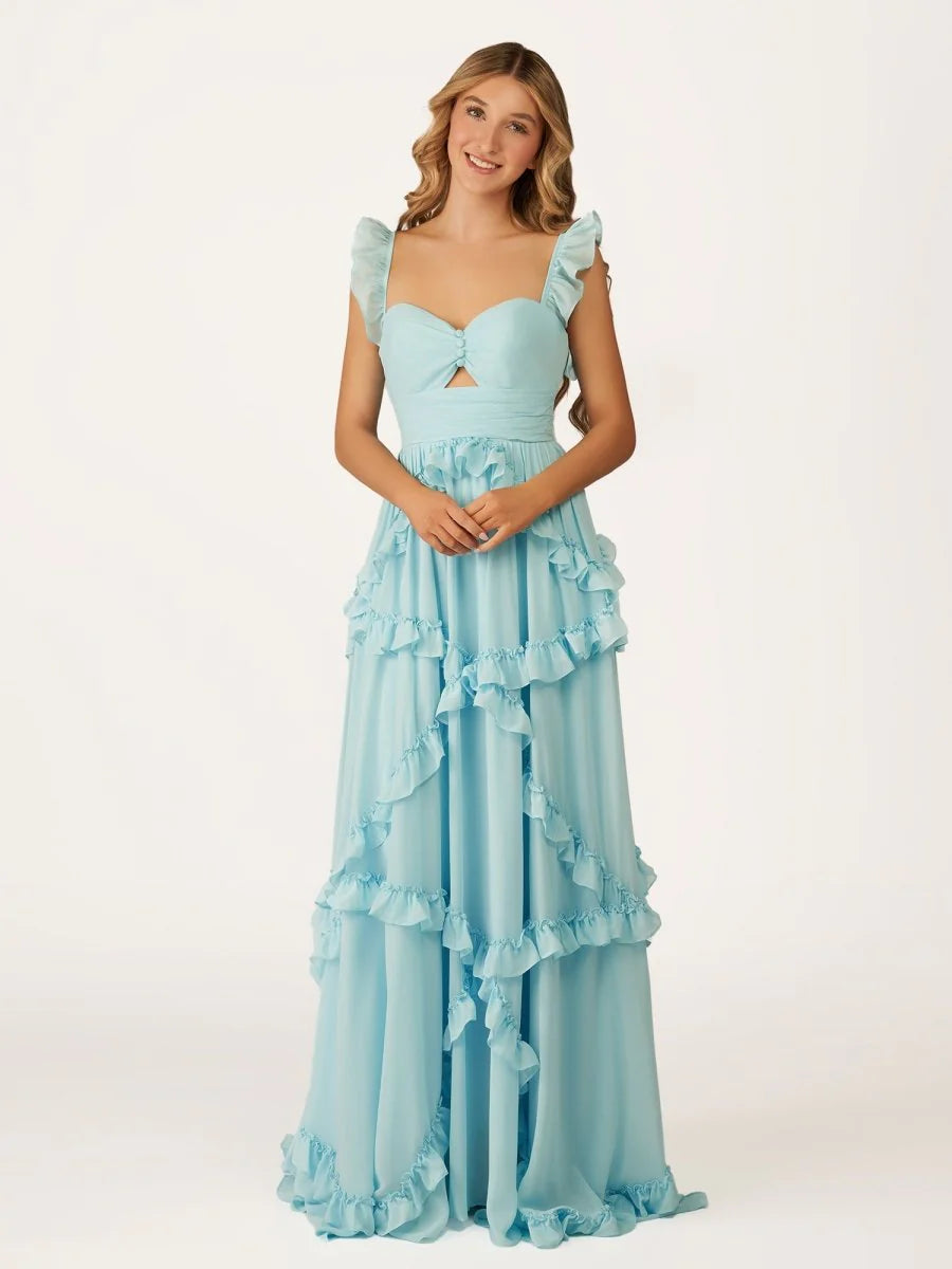Romantic Sky Blue A-Line Sweetheart Neck Sleeveless Tiered Ruffle Open Back Back Zip Floor-Length Prom Dress Hot Sale