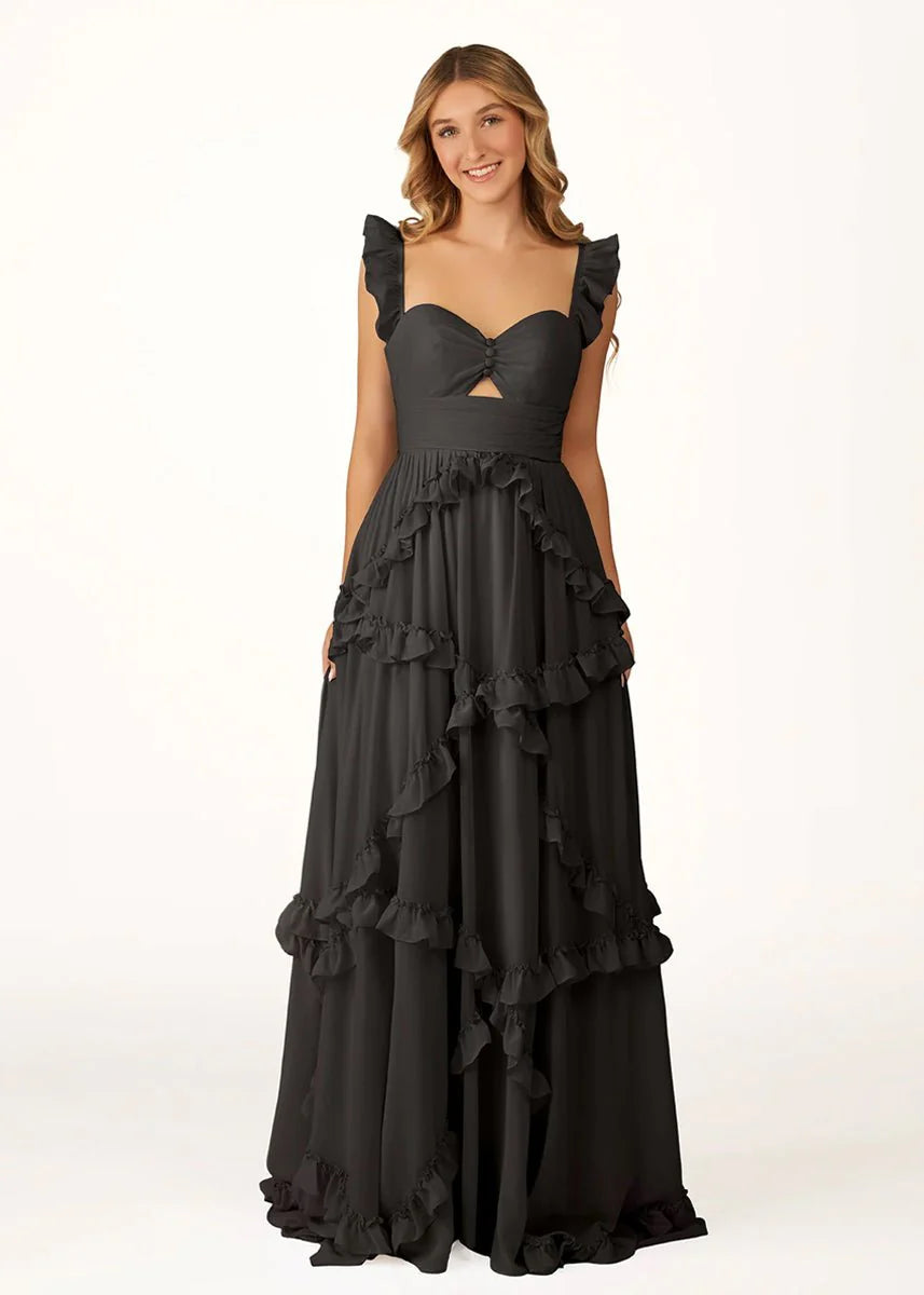 Romantic Sky Blue A-Line Sweetheart Neck Sleeveless Tiered Ruffle Open Back Back Zip Floor-Length Prom Dress Hot Sale