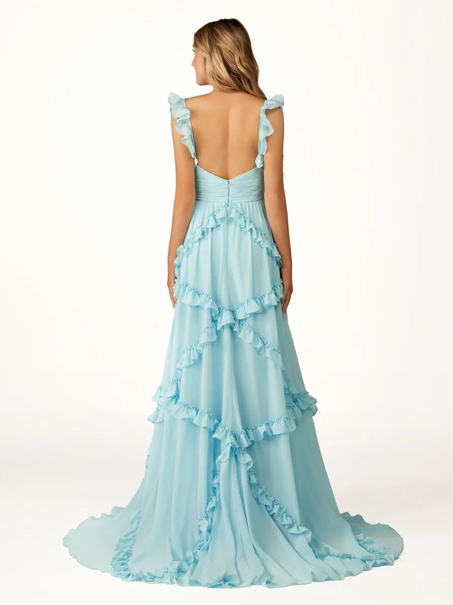 Romantic Sky Blue A-Line Sweetheart Neck Sleeveless Tiered Ruffle Open Back Back Zip Floor-Length Prom Dress Hot Sale