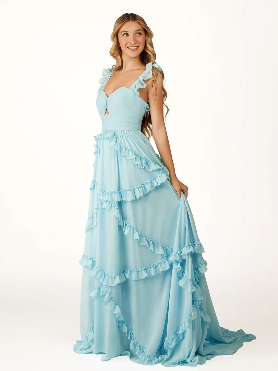 Romantic Sky Blue A-Line Sweetheart Neck Sleeveless Tiered Ruffle Open Back Back Zip Floor-Length Prom Dress Hot Sale